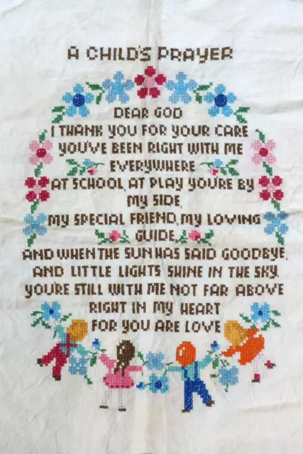 1979 Vintage Completed Stamped Cross Stitch A CHILD'S PRAYER Baby Nursery Decor