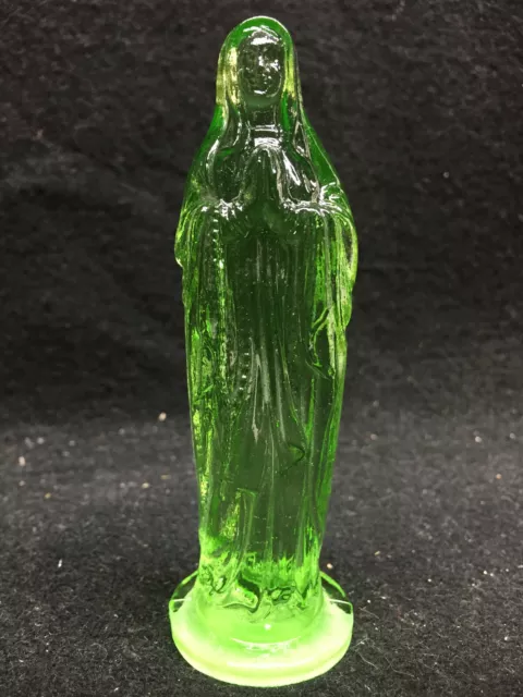 Green Vaseline uranium glass Madonna doll woman Catholic praying Mary glow angel