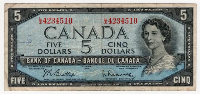 1954 Bank Of Canada Five 5 Dollar Banknote Ls 4234510 Nice Bill Elizabeth Ii