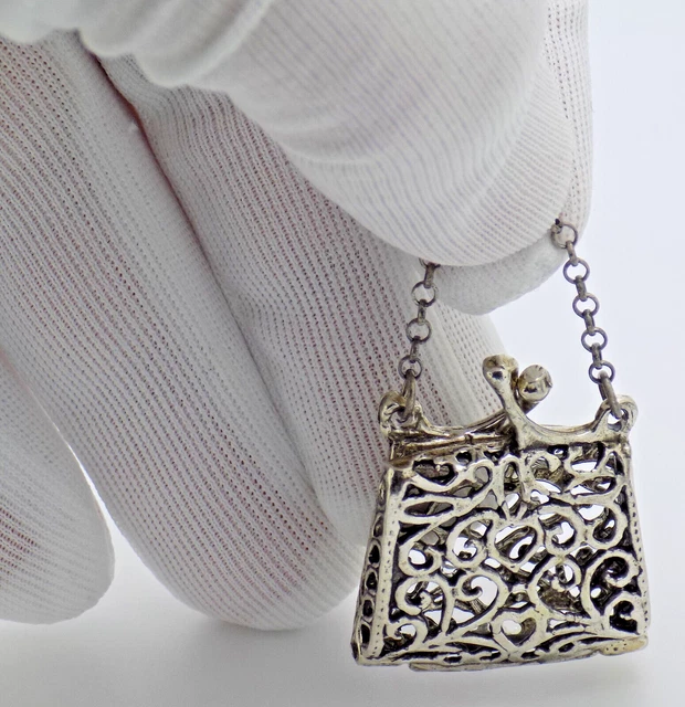 Vintage Italian Handmade Genuine Silver Perforated Purse Dollhouse Miniature