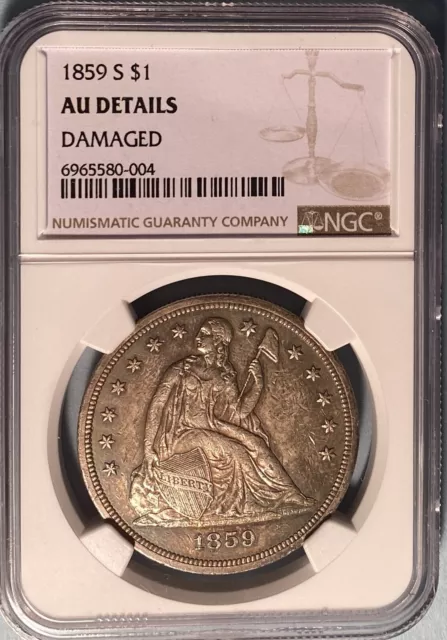 1859-S Seated Liberty Dollar Key; NGC AU Details Damaged — 20,000 Minted