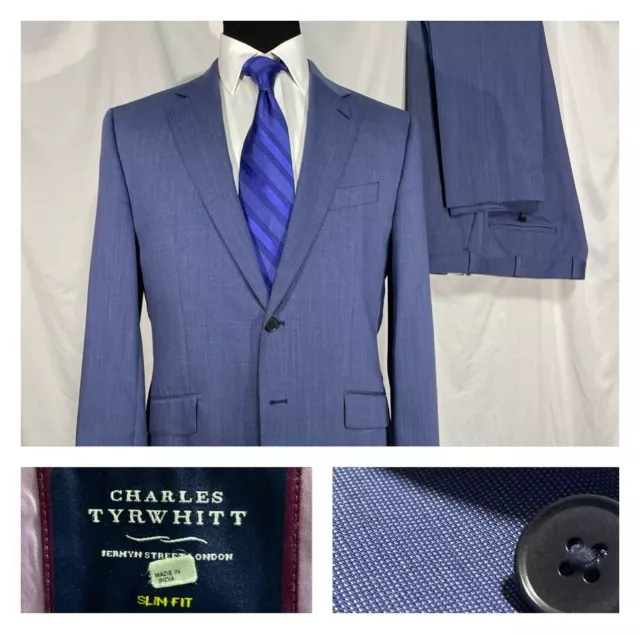 Charles Tyrwhitt Ltwt Merino Wool 2pc Suit Blue Nailhead Slim Fit 42 38