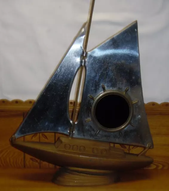 Old Art Deco Nautical Spelter & Chrome Sailing Ship Boat Yacht Blue Mirror