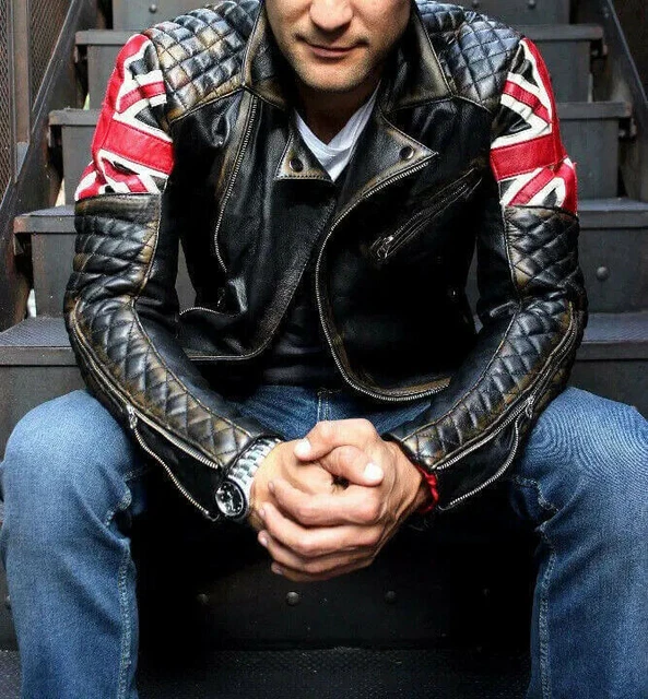 Giacca in pelle da uomo biker vintage moto bandiera britannica Cafe Racer Union UK