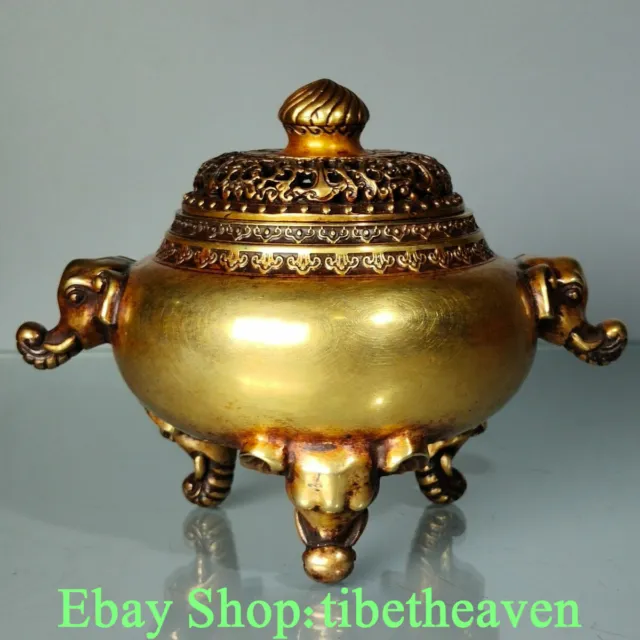 8.2" Marked Old Chinese Red Copper Gold Dynasty Elephant 2 Ear Incense burner