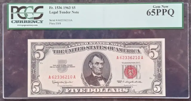 1963 $5 Legal Tender Note  Fr. 1536   Gem New  PCGS 65PPQ