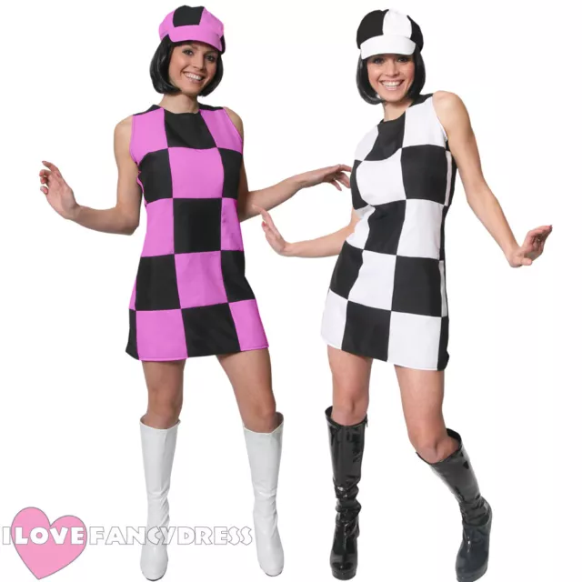 Ladies 60S Party Go Go Girl Fancy Dress Costume Womens Hippy Shift Dress And Hat