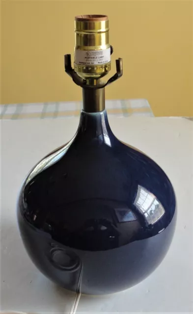 Vtg MCM Modern Bostlund USA Round Blue Pottery Table Lamp Jute Fiberglass Shade