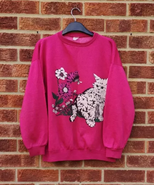 Vintage 90s bright pink sweater white kitten cat animal floral jumper top S-M