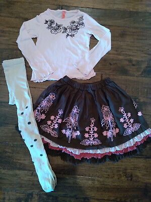 EUC! Girls Lot of 2 Stella Industries Pink Brown Shirt Skirt Tights Set Size 6