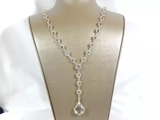 Art Deco Sterling Silver Open Set Crystal 4" Lavalier Drop Sautoir Necklace