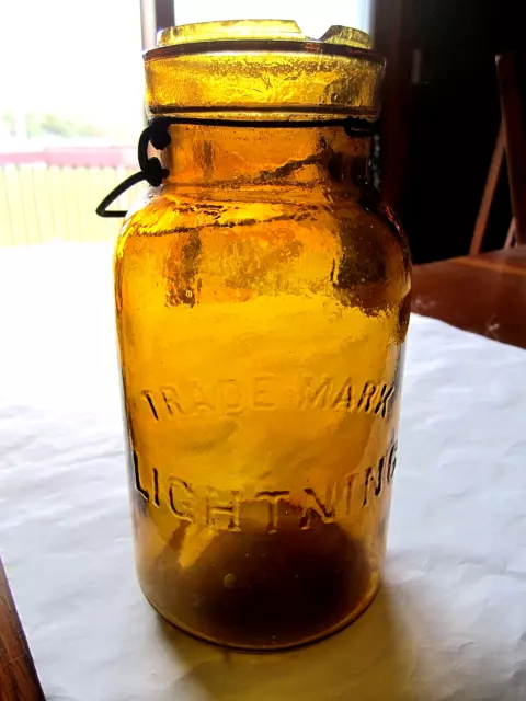 1890s RB#1489 LIGHT! Amber Glass LIGHTNING Quart fruit jar bottle w/ bail NO LID