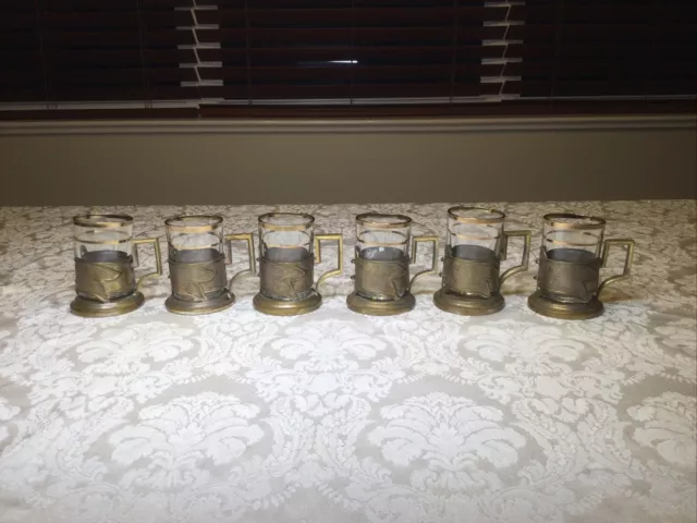 20th Century Persian Handicraft Alloy Tea Cup Holder Set of 6 w Glass Cup Insert