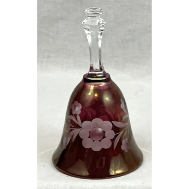 Vintage Cranberry and Clear Etched Glass Floral Bell 5 1/2”