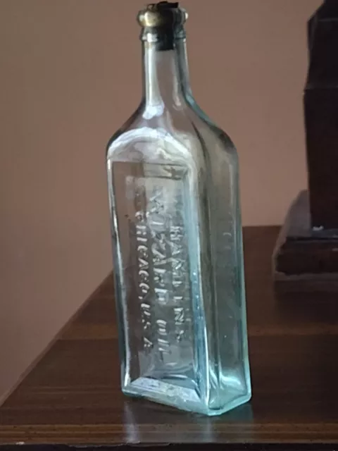 Vintage Aqua Medicine Bottle~ HAMLINS WIZARD OIL CHICAGO, U.S.A. ~ Partial Label