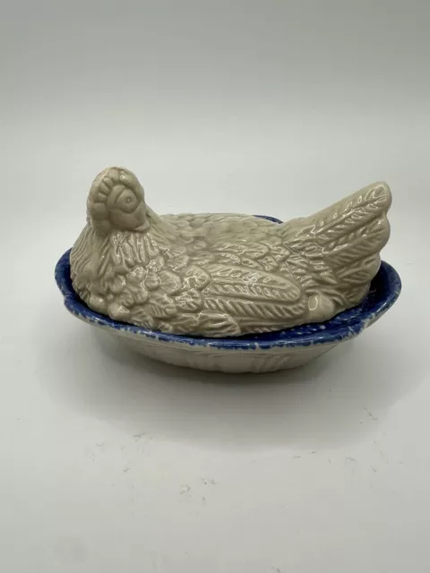 Vintage Hermitage Pottery Hen On A Nest Trinket Box 5” x 3”