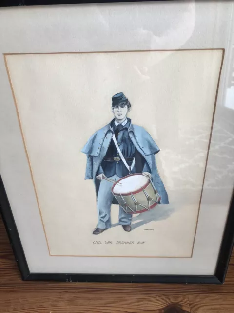 Antique Civil War Union Drummer Boy Watercolor Signed Manning Well Framed Art 3