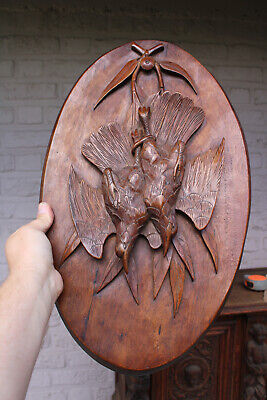 Antique black forest wood carved wall partidge hunting trophy panel plaque