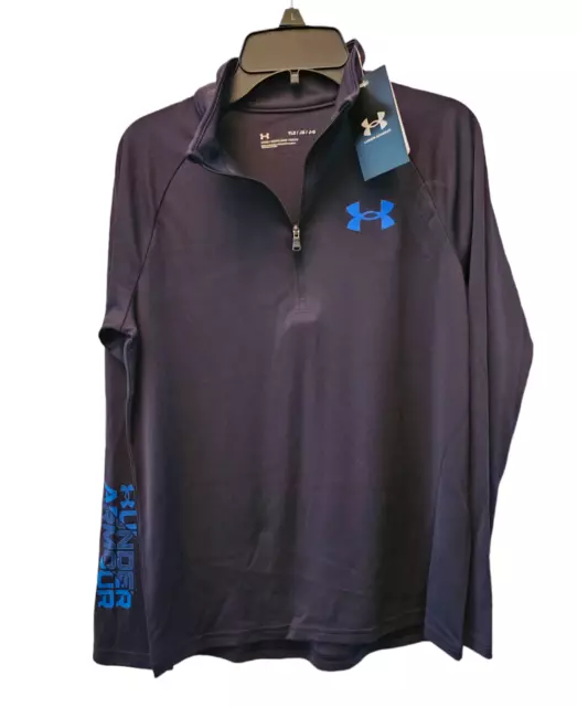 Under Armour 1/2 Zip Pullover Jacket Black Tech Blue Youth Large 12/14 NWT