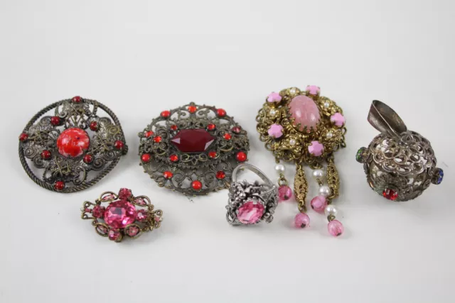 Vintage Czech Filigree Jewellery Ornate Rhinestone Brooches Pendant Ring x 6