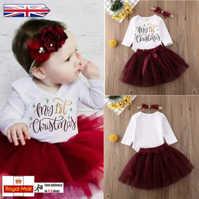 3PCS Infant Baby Girls My 1st First Christmas Tutu Dress Xmas Gifts Outfits Set