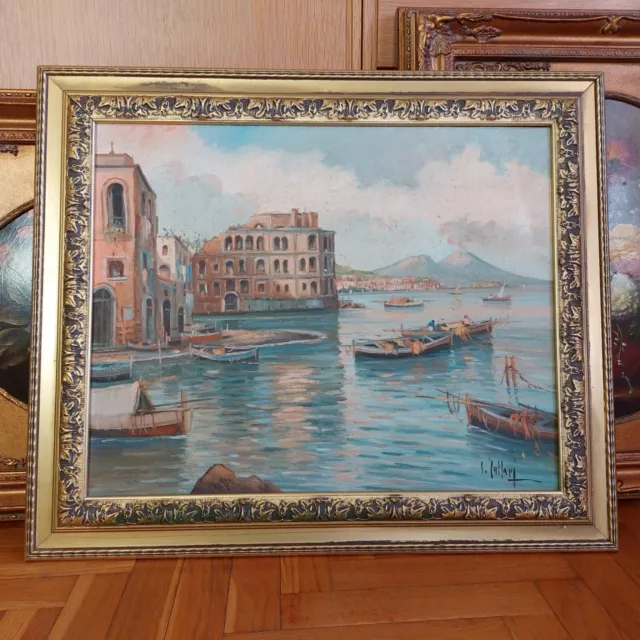 Quadro Antico anni 60 paesaggio Golfo Napoli con Vesuvio olio su tela - cm 60x50