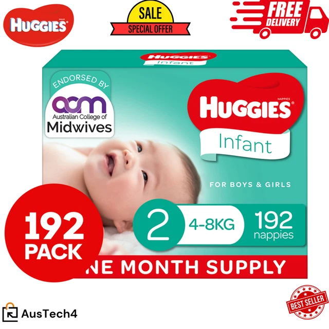 New Huggies Infant Nappies Size 2 (4-8kg) 1 Month Supply 48/96/144/192 Count