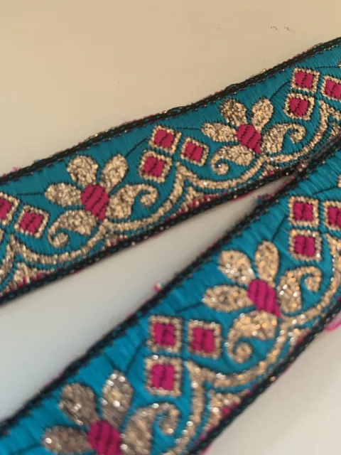 Ribbon 2cm Embroidered Pink Blue Gold Craft Sari Edging Trim Border Sash 1 yd