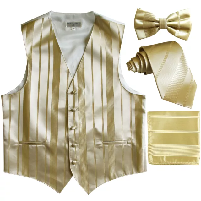 New Men's stripes Tuxedo Vest Waistcoat & necktie & Bow tie & Hankie Gold Beige