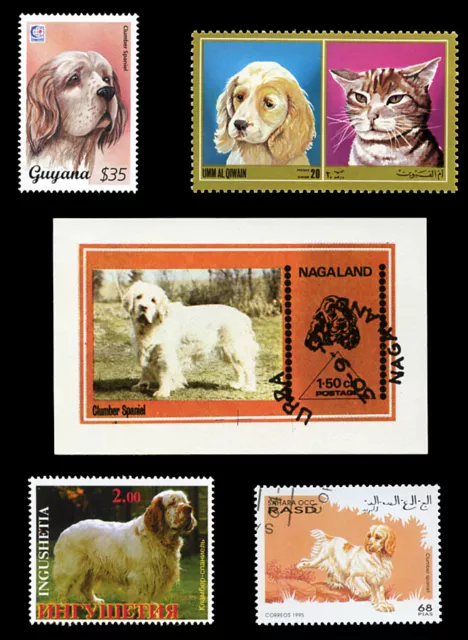 CLUMBER SPANIEL INTERNATIONAL POSTAGE STAMPS x 4 different + Mini Sheet