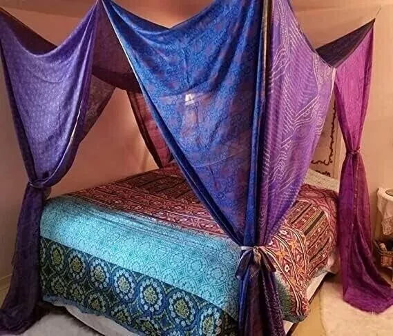 Auvent de lit en soie Saree Vintage bleu violet, draperies en tissu Vintage