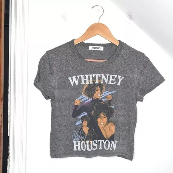 DAYDREAMER Women's Whitney Houston Dance Graphic Band Gray Shrunken Tee NEW S