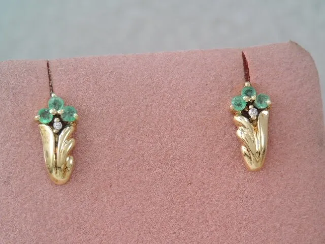 Vintage 14K Yellow Gold Emerald & Diamond Earrings