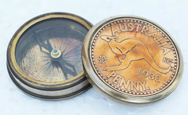 Australian Penny 1930 Collect-able Brass Compass with Leather Case.