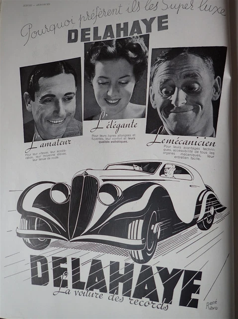 DELAHAYE Sport par René RAVO + bougie CHAMPION pub papier ILLUSTRATION AUTO 1935