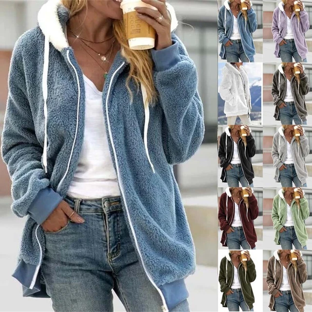 Womens Teddy Bear Fleece Fluffy Hooded Coat Ladies Hoodies Jacket Zip Up Outwear