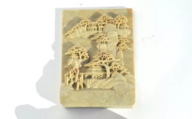 Finely Carved Chinese Soapstone Plaque Depicting A Mountain Outdoor Scenes