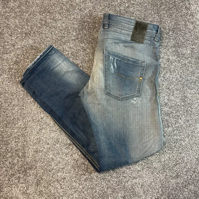 Jeans da uomo Diesel Belther regolari sottili affusolati W 33 L 32 blu effetto invecchiato