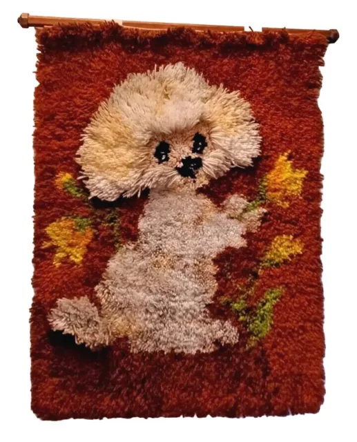 Vintage Poodle Dog Flowers Latch Hook Wall Art Hanging Shag Rug Retro Decor