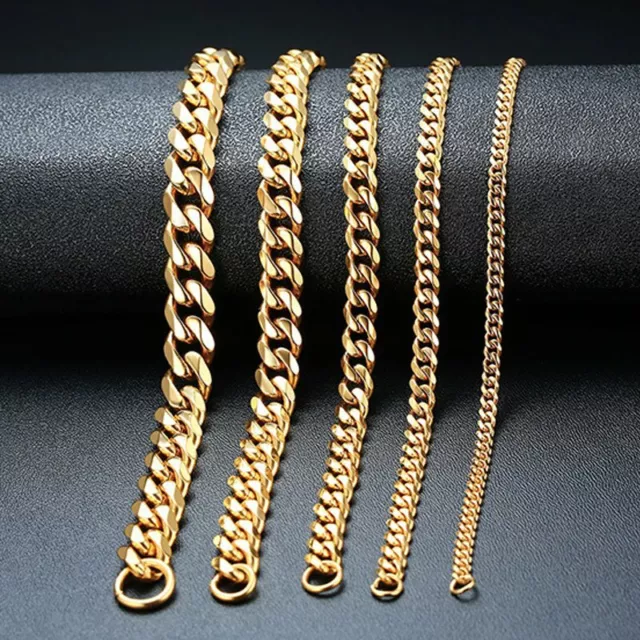 3-11mm 7-11" Gold Plated Stainless Steel Chain Bracelet Curb Cuban Link Wrist