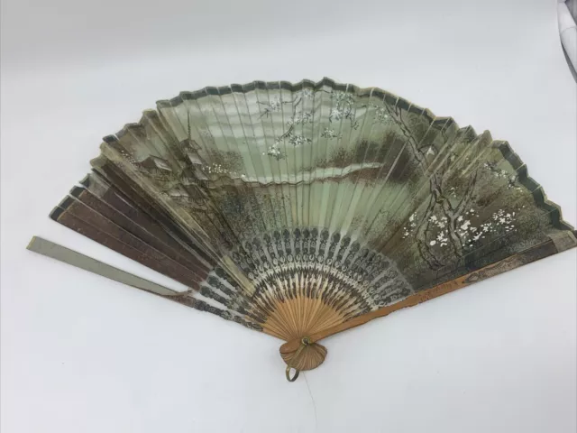 STUNNING Vintage Wood & ? HAND FAN - Hand Painted Scene - Chinese - Antique