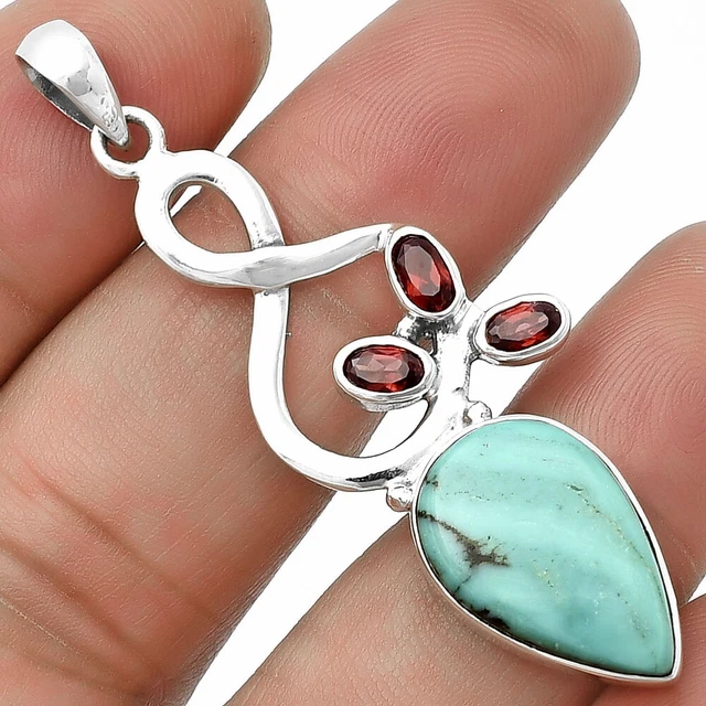 Natural Turquoise Nevada Aztec Mt & Garnet 925 Silver Pendant Jewelry P-1118