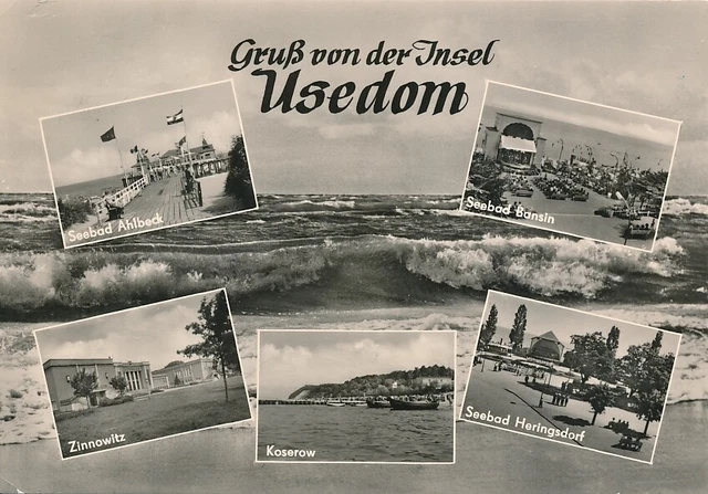 alte sw AK Gruß von der Insel Usedom - 6 Ansichten 1967 gel. Ansichtskarte C817a