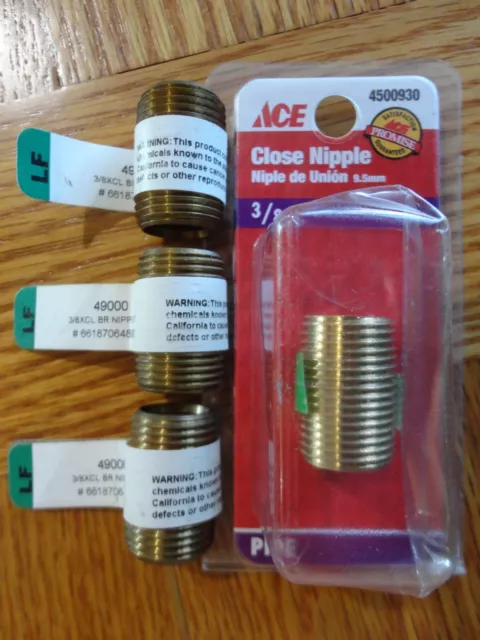 Lot of 4 ACE 3/8" x CLOSE NPT Male Brass Pipe Nipple Threaded Fitting MPT 4 Pack