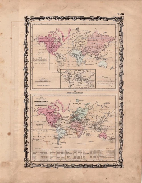 1863 Rare Antique Johnson Atlas Map Of The World-Including Regions Of Industry