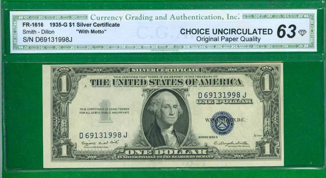 $1 1935-G 1 D/J Block Blue Seal Silver Choice Uncirculated With Motto Opq 63