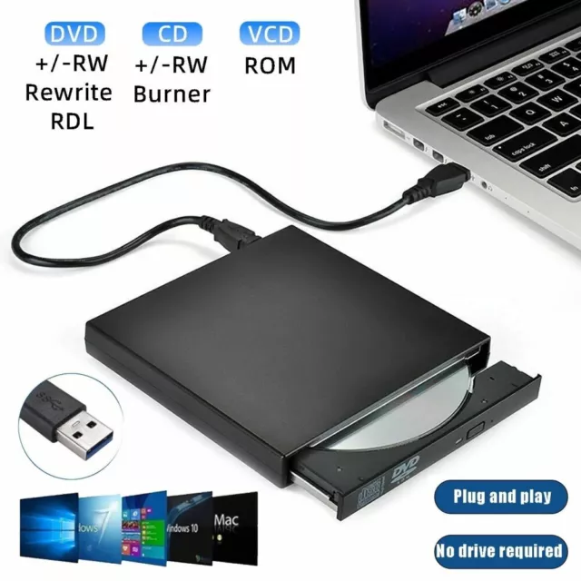 USB External CD RW DVD ROM Writer Burner Player Drive PC Laptop for Mac Windows