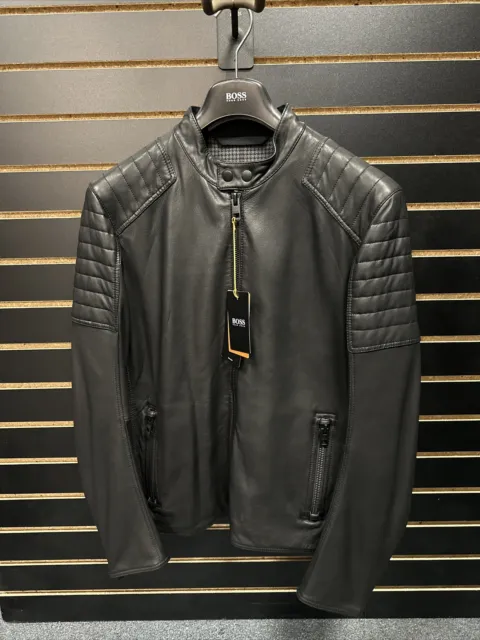 Hugo Boss Men's Jaysee Slim Fit Sheep Skin Leather Jacket with Quilted Details