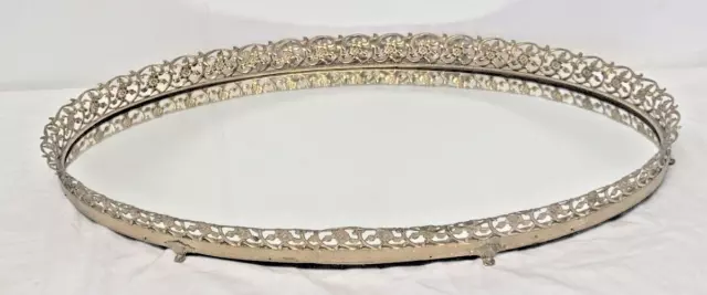 Vintage Large Oval Vanity Tray Gold Gilt Mirror Filigree Dresser Powder Perfume
