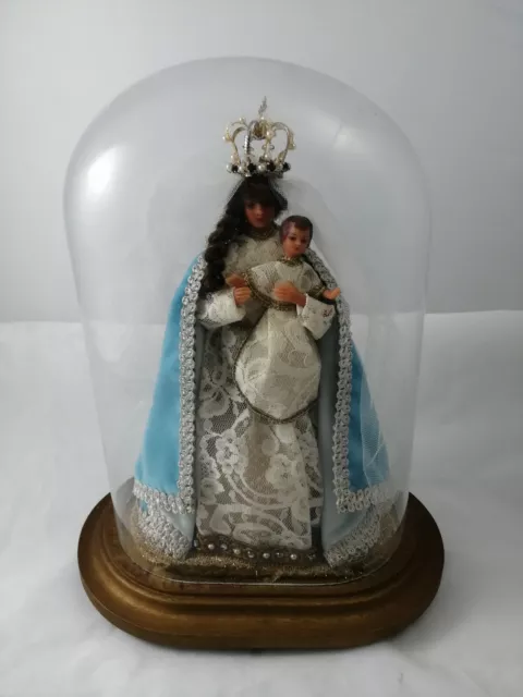 Heilige Mutter Maria mit Jesuskind Wachsfigur Glasdom, Klosterarbeit, Wachs